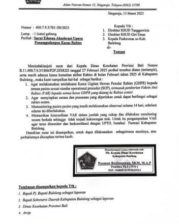 Surat Edaran Akselerasi Upaya Penanggulangan Kasus Rabies Nomor 400.7.9.3/781/III/2025