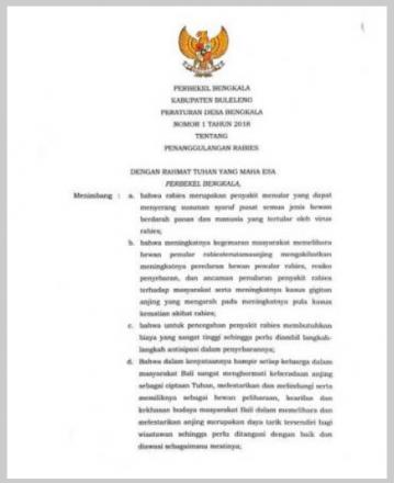 Perdes  Nomor 1 Tahun 2018 Tentang Penanggulangan Rabies Desa Bengkala