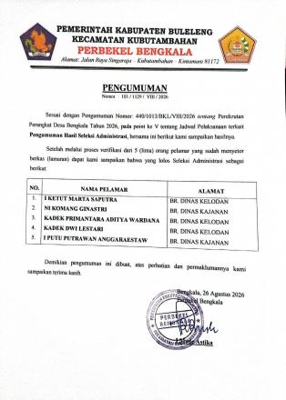 Pengumuman Hasil Seleksi administrasi Rekrutmen Perangkat Desa Bengkala Tahun 2026